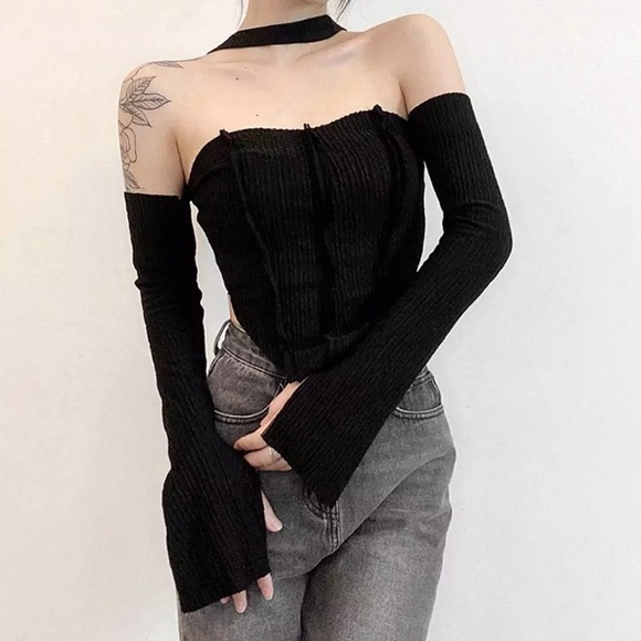 Black off the shoulder choker long sleeve top - Picture 4 of 9